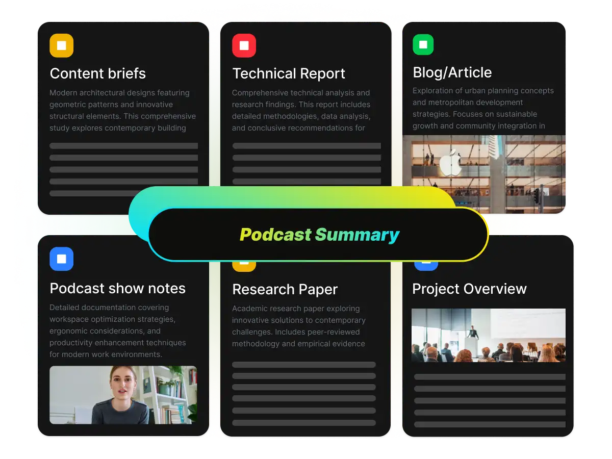 Automated publish-ready assets displaying structured podcast show notes and article drafts